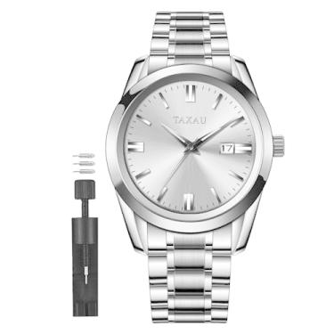 Imagem de Taxau Relógio minimalista masculino de aço inoxidável, à prova d'água, vestido executivo, analógico, quartzo, relógio masculino com mostrador grande e data, Prata - G8470, round, Minimalista