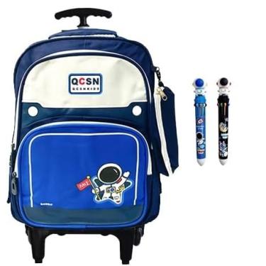 Imagem de Mochila de carrinho Rodinhas Infantil em Tecido Oxford e com Grande Capacidade para Estudantes de 6 a 12 Anos, mochila escolar (Astronauta azul/branco)