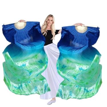 Imagem de TRIMODI 1 par de véus femininos feitos à mão (esquerda + direita) para fãs de dança do ventre de seda verdadeira, comprimento da cor 180 cm largura 90 cm (gravata azul tingida)