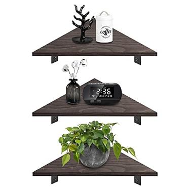 Imagem de Divisória flutuante de pinho maciço, prateleiras de canto flutuantes, conjunto de 3 prateleiras decorativas de armazenamento rústico para banheiro, quarto, sala de estar, cozinha, escritório