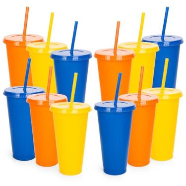 Imagem de Whaline 12 peças de copos de plástico coloridos com tampas canudos amarelo azul laranja copo reutilizável 3 cores caneca de viagem copos para café gelado bebidas suprimentos de festa, 680 g