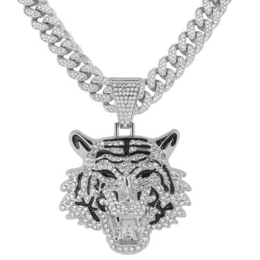 Imagem de GuoShuang Corrente de elos cubanos para homens e mulheres com pingente, colar de elos cubanos Miami Ice Out Diamond Joias Hip Hop, 20 Inch, Metal, Sem Pedra Preciosa