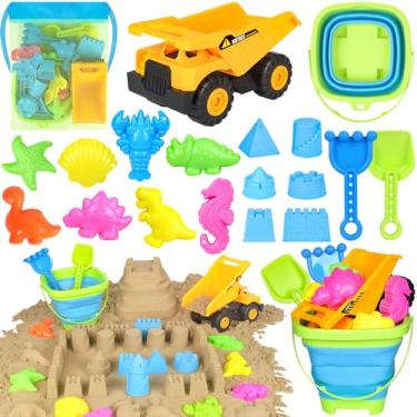Imagem de FHOZGECY Brinquedos de praia, brinquedos de areia para crianças de 3 a 5 anos, brinquedos de caixa de areia com caminhão basculante, balde de areia dobrável, kit de construção de castelo de areia