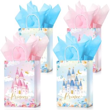 Imagem de Sherr 30 peças de sacolas de lembrancinhas de festa de princesa príncipe com papel de seda, bolsa de presente de castelo azul rosa e doces, suprimentos de festa para meninos e meninas, decorações de
