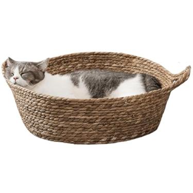 Imagem de Cama para gatos, cama de cestas de gato de tecido de palha, ninho redondo de vime para gatos, cama de gatinho aconchegante antiderrapante para cães pequenos (apenas ninho, grande)