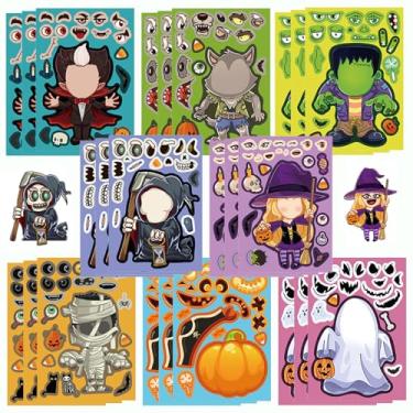 Imagem de 24 folhas de adesivos de Halloween, adesivos faça-a-face para crianças, faça seus próprios adesivos de Halloween para decoração de festa de adolescentes, atividades de sala de aula e jogos de férias