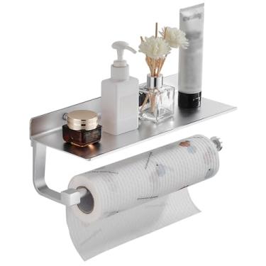 Imagem de Suporte de papel toalha Danpoo montado na parede para cozinha de 33 cm, gancho para papel de banheiro com prateleira de armazenamento de celular, alumínio espacial, suporte de parede com parafusos (prata)