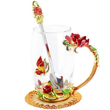 Imagem de WD&CD Copos de café de vidro de borboleta rosa com colher e porta-copos, presentes para sua namorada, esposa, mãe, mulheres no dia dos namorados, dia das mães, Natal, vermelho alto