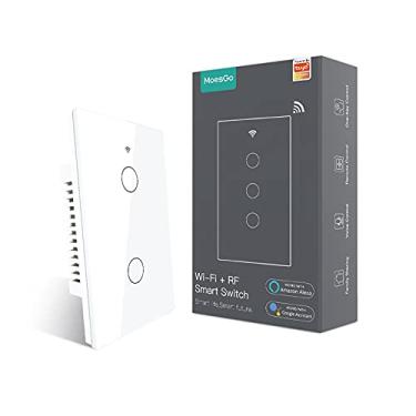 Imagem de MoesGo Interruptor de luz de parede inteligente WiFi com polo único ou associação multicontrole (3 vias), status de relé opcional, funciona com Smart Life/App Tuya, controle remoto RF433, Alexa e Google Home branco (2 Gang)