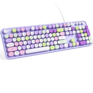 Imagem de KNOWSQT Teclado de computador com fio – Roxo, colorido, retrô, tamanho completo, teclas redondas Plug and Play, máquina de escrever lindos teclados para Windows, laptop, PC, desktop, computador
