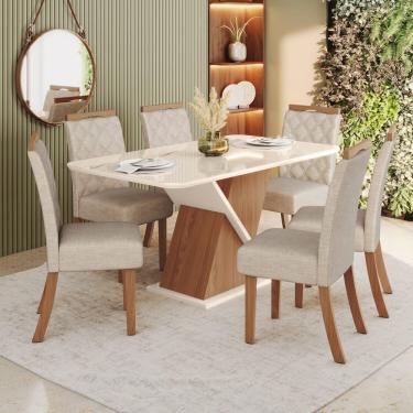 Imagem de Sala De Jantar Mesa 160 Com Canto Arredondado Com Vidro 6 Cadeiras Carla Espresso Móveis Nature- Off White
