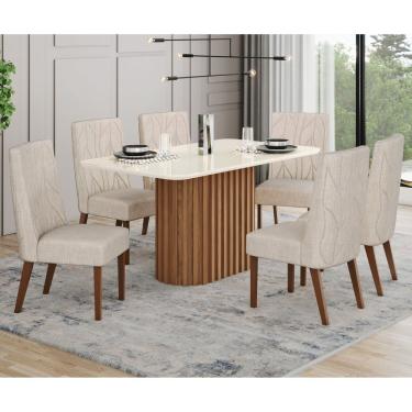 Imagem de Conjunto Sala Jantar Solana 160cm Canto Arredodado Com Vidro + 6 Cadeiras Eloá Nature- Off White