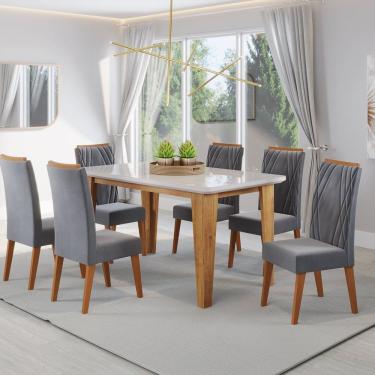 Imagem de Mesa De Jantar Retangular Dakar 1,60x90 Com Vidro E 6 Cadeiras Vegas Em Madeira Maciça Mel- Off White Grafite