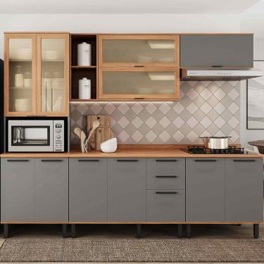 Imagem de Cozinha Completa Castranha 12 Portas 2 Gavetas com Vidro Cinza/Freijó - Telasul