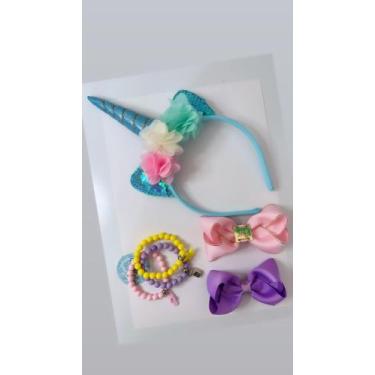 Imagem de Kit tiara de unicórnio, laços e pulseiras - Maju Laços 