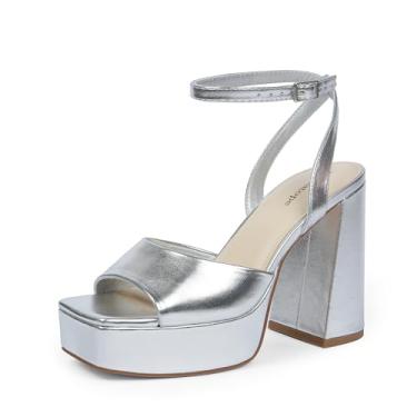 Imagem de Modatope Salto plataforma para mulheres, sandálias plataformas, salto grosso, bico aberto, tira no tornozelo, sapatos femininos para festa de casamento, Prata, 39