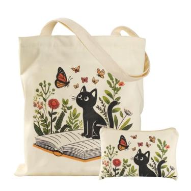 Imagem de VADOO Sacola de lona - com zíper e bolsa pequena para mulheres, bolsa grande reutilizável para academia, faculdade, biblioteca, compras, Floral e gato, One Size
