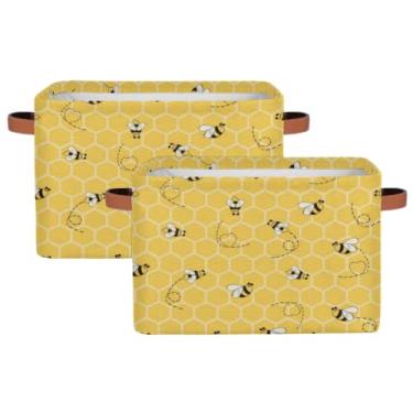 Imagem de Pardick Pacote Com 2 Caixas De Armazenamento Dobráveis Grandes, Amarelas Abelhas, Tecido Lona Decorativas Alças Organizadoras, Prateleiras Retangulares, Cestas, Caixa Para Escritório, Berçário, Armá