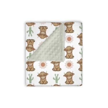 Imagem de EyMzcod Manta de bebê de vison Highland Cow Cactus Sun Cowgirl, Boho Western Animal Lover Soft Double Layer Dotted Backing Recebendo Cobertores, Amarelo, Recém-nascido, Berçário, Roupa de Cama 76 x