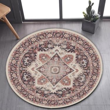 Imagem de ESSMOKO Tapetes tapete redondo de imitação de caxemira marroquino, tapete de estar e quarto para casa, de fácil cuidado, padrão rosa 80 cm