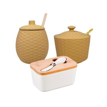 Imagem de Açucareiro Rattan + Meleira Rattan + Manteigueira de Bambu Branca