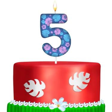 Imagem de MTLEE 1 pacote número 5 velas de aniversário de desenho animado numeral folhas e topo de bolo de flores, 5 velas para decoração de 5 anos de desenho animado no Havaí, lembrancinha de artigos de festa