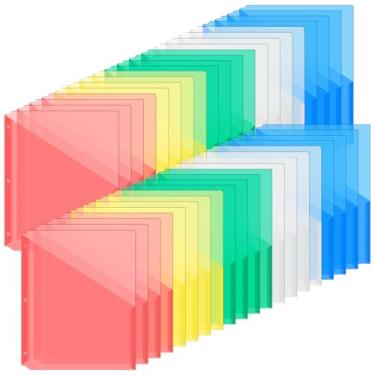 Imagem de Maitys Pacote com 50 bolsos para fichário, 3 furos, pasta de documentos de plástico transparente, organizador de pastas tamanho carta de plástico com bolsos, divisórias de bolso, jaqueta de arquivo para escritório, sala de aula, 5 cores