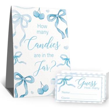 Imagem de Placa Guess How Many Candies (1 placa de pé - 50 cartões de adivinhação) Kit de cartões de atividades com tema de arco rosa para chás de bebê, festas de recém-nascidos, chá de panela, noivado, chá de