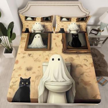 Imagem de Jogo de lençol Queen vintage com tema engraçado de Halloween com tema de Halloween (sem lençol de cima), estilo casa de fazenda, gato preto, para crianças e adultos, lençol com elástico alto com