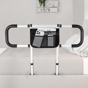 Imagem de Trilhos de cama para idosos e adultos - Trilho de assistência de cama de largura ajustável para idosos - Trilhos laterais de cama com alça de suporte de barra de proteção de cama com bolsa de