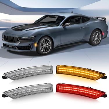 Imagem de D-Lumina Luzes de LED laterais com lentes transparentes compatíveis com Fo-rd Mustang 2024-Up, 7ª geração Mustang para-choque traseiro dianteiro LED Sidemarker fileiras duplas âmbar e vermelho, pacote