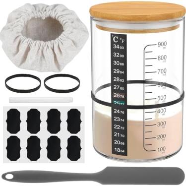 Imagem de PoDhey Kit de 9 peças para iniciantes de massa fermentada de 900 ml, grande capacidade, recipiente para iniciantes com tampa, espátula, fita de marcação e papel de temperatura, reutilizável, frasco de