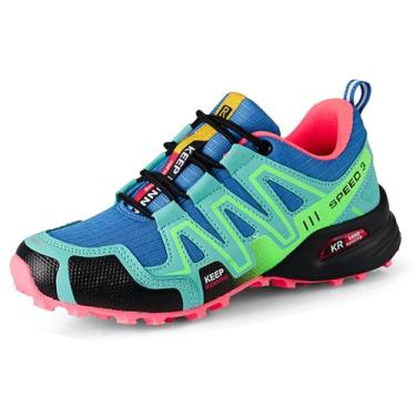 Imagem de ofohquf Tênis feminino de caminhada, resistente à água, tênis de caminhada, trilha, corrida, acampamento, antiderrapante, respirável, confortável, leve, Azul, 39