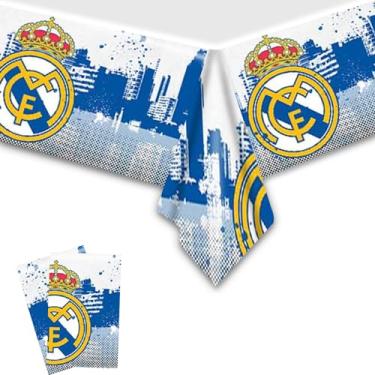 Imagem de CHAMPBULL Pacote com 2 toalhas de mesa descartáveis do Real Madrid, artigos de festa de aniversário e decorações para crianças, meninos, chás de bebê, mesas retangulares 187 x 106 cm