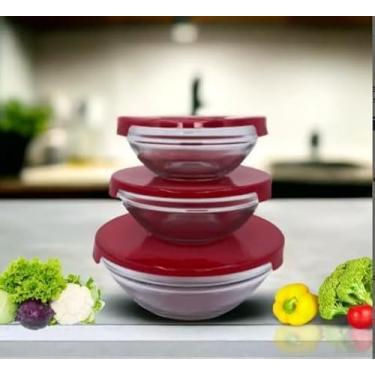 Imagem de Conjunto de 3 Potes de Vidro com Tampas Plásticas Vermelhas, 11cm/13cm/14,5cm, Tigelas Empilháveis