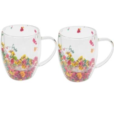 Imagem de Kit 2x Xícara de Vidro Parede Dupla com Flor Seca – Borossilicato 350ml, Design Encapsulado, Isolamento Térmico e Alça Confortável – Peça Decorativa e Presente (Caixa Premium)