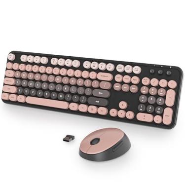 Imagem de Fogruaden Teclado e mouse rosa sem fio, teclado de máquina de escrever retrô, 2,4 GHz 104 teclas, teclado fofo de tamanho completo com teclado numérico, teclas redondas coloridas gradientes para