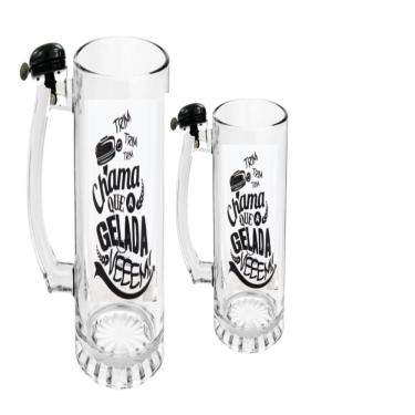Imagem de Kit Caneca Chopp Campainha Chama Sino Vidro Premium Copo De Vidro Cerveja 450ml