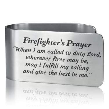 Imagem de GEYGIE Wherever Fires May Be May I Fulfill My Calling Clipe de viseira de carro de aço inoxidável gravado, acessórios de carro de oração de bombeiro, presentes de proteção de direção para pai, filho