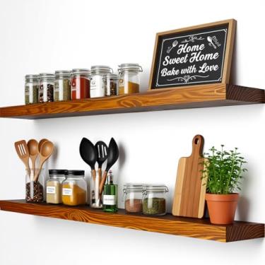Imagem de foxsky Prateleiras flutuantes de madeira de pinho maciça de 91 cm para parede com suportes ocultos, prateleira rústica montada na parede para banheiro, sala de estar, quarto, cozinha, decoração de