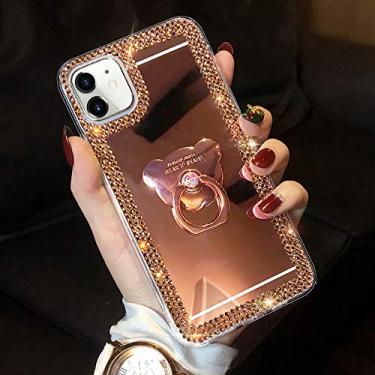 Imagem de LUVI Capa para iPhone 11 Espelho de Maquiagem Glitter Brilho Diamante Diamante Cristal Linda Capa com Suporte de Anel Suporte de dedo Suporte Fofo para Meninas Capa Feminina para iPhone 11 Ouro Rosa, iPhone 11, Rose Gold