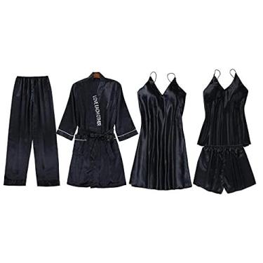 Imagem de ifgswopq 5 peças - conjunto de pijama de cetim roupa de dormir lingerie íntima feminina primavera nova roupa de casa (grande)