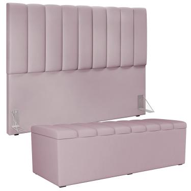 Imagem de Kit Cabeceira Cama Box Casal Queen 160cm Com Calçadeira Baú Dália W01 Suede Rosê - Lyam Decor