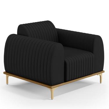 Imagem de Poltrona Decorativa Base De Madeira Pés Metalizado D'Ouro Molino D02 Veludo Preto C-300 - Lyam Decor