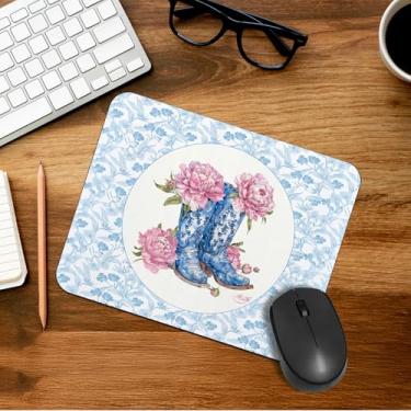 Imagem de Mouse pad azul e branco, chinoiserie rosa floral cowgirl botas quadradas mouse pads para mesa, mousepad ocidental