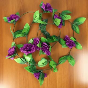 Imagem de Flor artificial de 240 cm de seda com folhas verdes para decoração de casamento em casa, guirlanda de flores artificiais (roxo profundo)