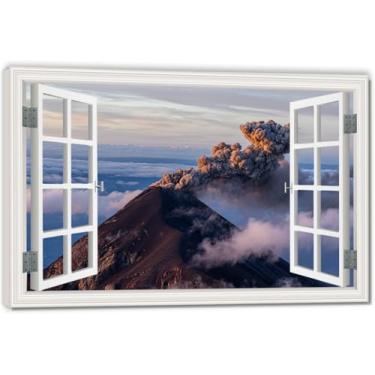 Imagem de Tela de janela falsa Extinct VolcanoSpace-Saving, arte de parede cênica realista para quarto, casa, 69,8 x 104,9 cm emoldurada