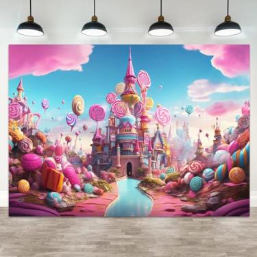 Imagem de ASDCXZ 2,7 x 1,8 m Candyland fundo para fotografia de castelo de doces colorido pirulito azul rio desenho animado infantil faixa de aniversário decoração de chá de bebê recém-nascido retrato cabine de