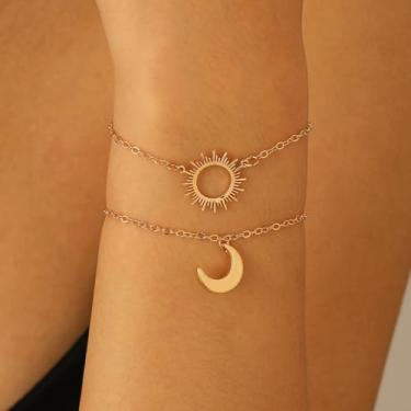 Imagem de 2 peças de conjuntos de joias de latão lua sol, colares dourados para casais, tornozeleira, pulseiras de corrente para mulheres, 6.8×5.2×1.1cm, Latão, Sem Pedra Preciosa