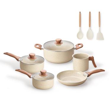 Imagem de jogo com 5 panelas antiaderentes de ceramica e aluminio bege terrara e 3 utensílios de silicone - oi